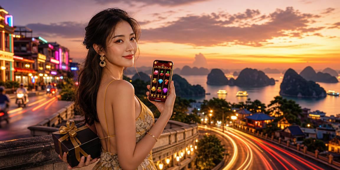 Giao diện slot game neon sáng rực trên nền vịnh Hạ Long về đêm qua điện thoại